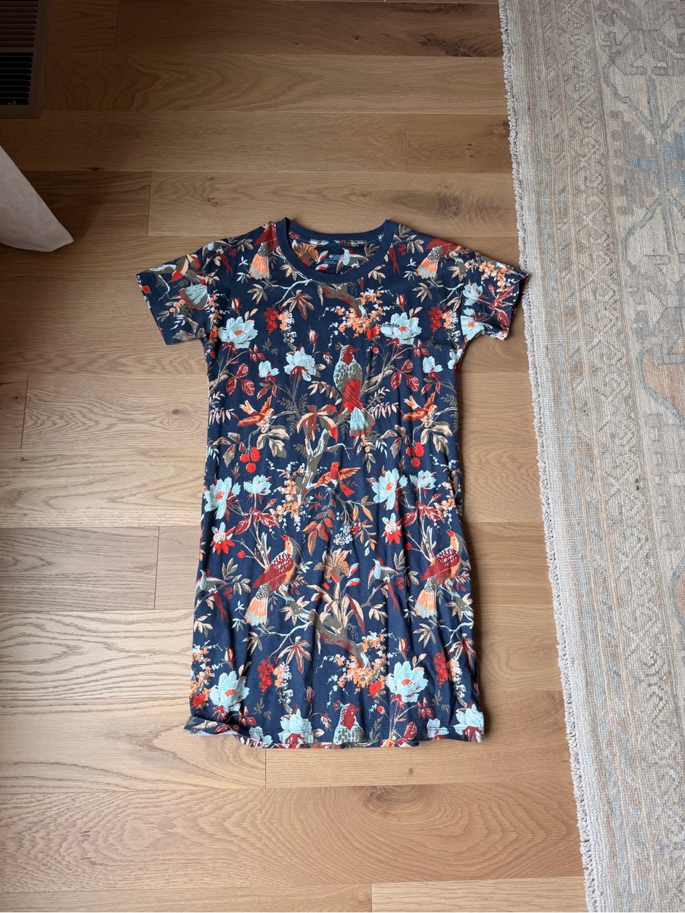 Columbia Park Cotton T-Shirt Dress in the Nocturnal Birds N Branches print